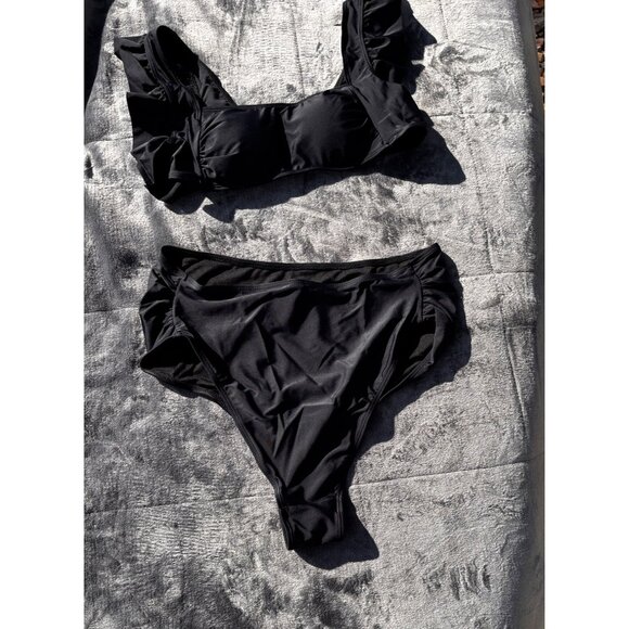 Women's Maternity Black Ruffled Square Neck Bikini Set High Waisted Two-Piece - Picture 3 of 6